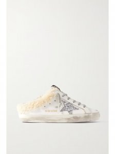 Superstar Sabot shearling-lined distressed glittered leather slip-on sneakers