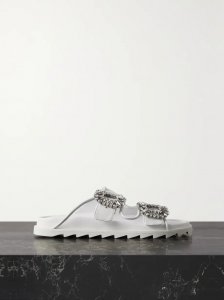 Slidy Viv crystal-embellished leather-trimmed mesh slides