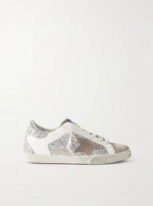 Superstar distressed glittered leather and suede sneakers