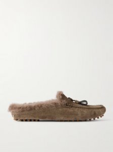 Tasseled shearling-lined suede slippers