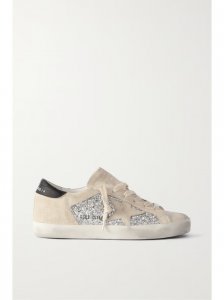 Super-Star leather-trimmed distressed glittered suede sneakers