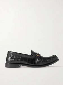 Logo-embellished glossed textured-leather penny loafers