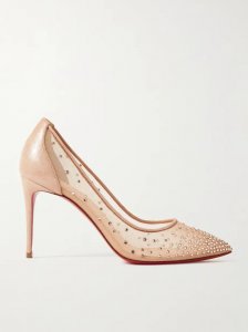 Follies 85 crystal-embellished mesh and glittered-leather pumps