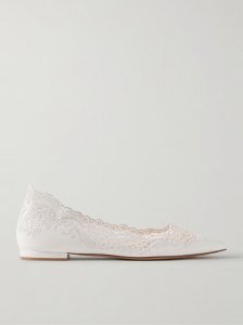 Lace-trimmed leather point-toe flats