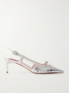 Buckle-embellished sequined metallic leather slingback pumps