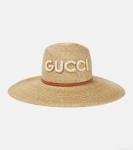 GucciLogo leather-trimmed straw sunhat