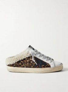 Superstar Sabot shearling-lined distressed leopard-print calf hair and leather slip-on sneakers