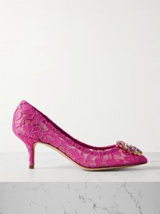 Crystal-embellished lace pumps