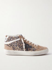 Mid Star distressed leather-trimmed leopard-print suede sneakers