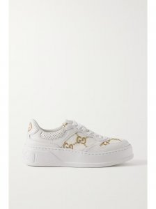 Leather and metallic embroidered canvas platform sneakers