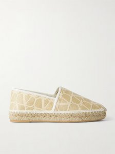 Leather-trimmed jacquard-woven raffia espadrilles