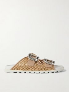 Slidy Viv crystal-embellished suede-trimmed raffia slides