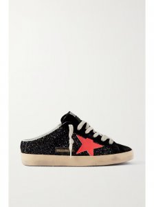 Super-Star Sabot distressed glittered leather and suede slip-on sneakers