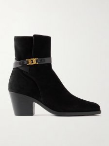 Embellished leather-trimmed suede ankle boots