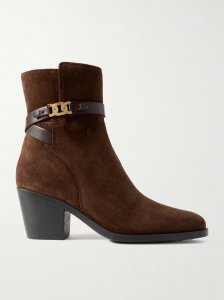 Embellished leather-trimmed suede ankle boots