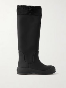 Clover twill-trimmed coated-leather knee boots