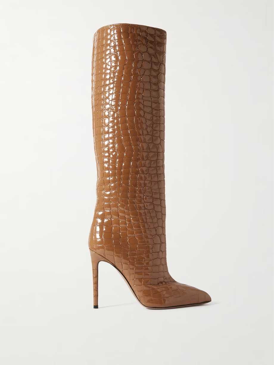 Croc-effect leather knee boots