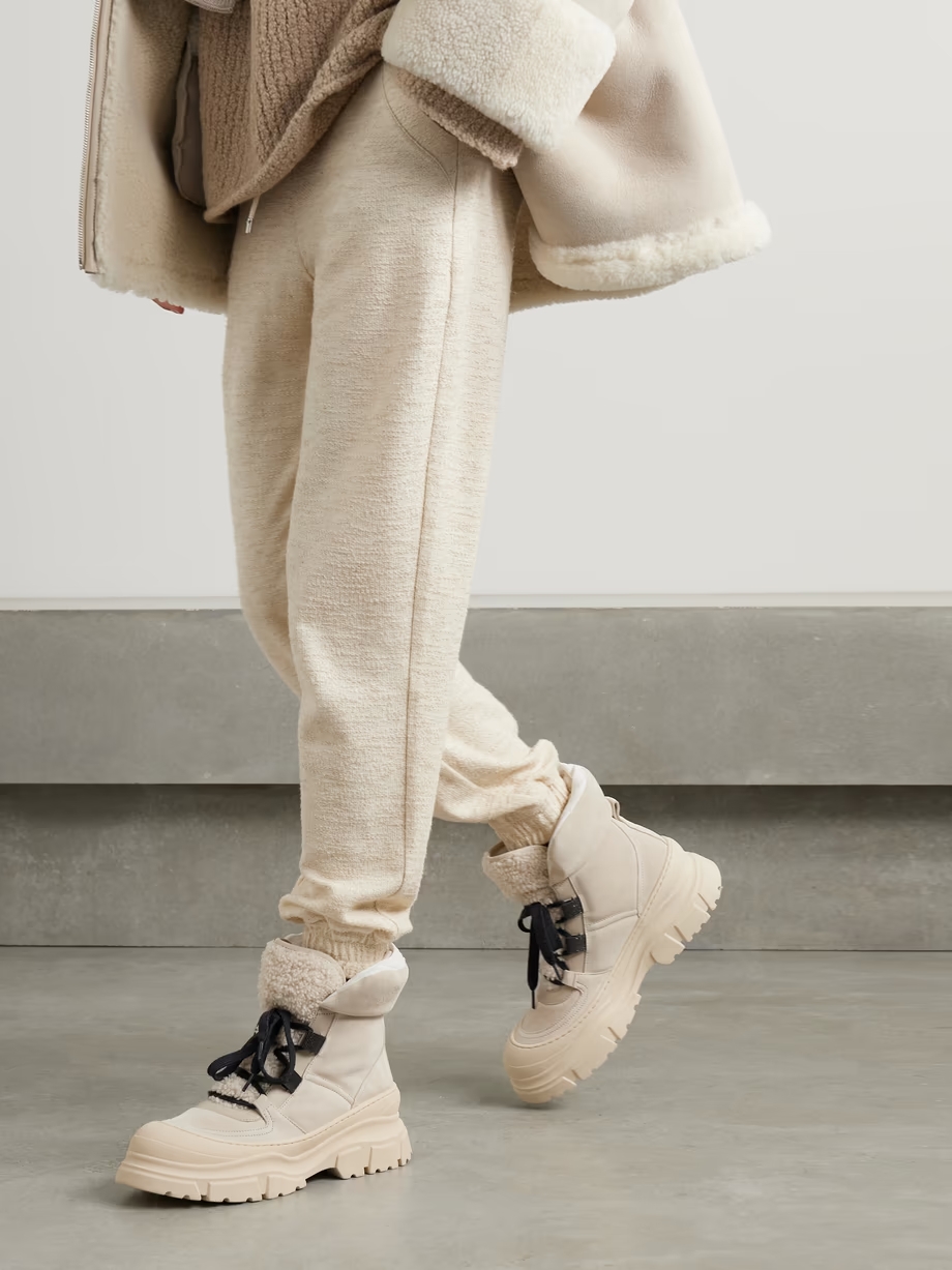 Bead-embellished shearling-trimmed suede ankle boots