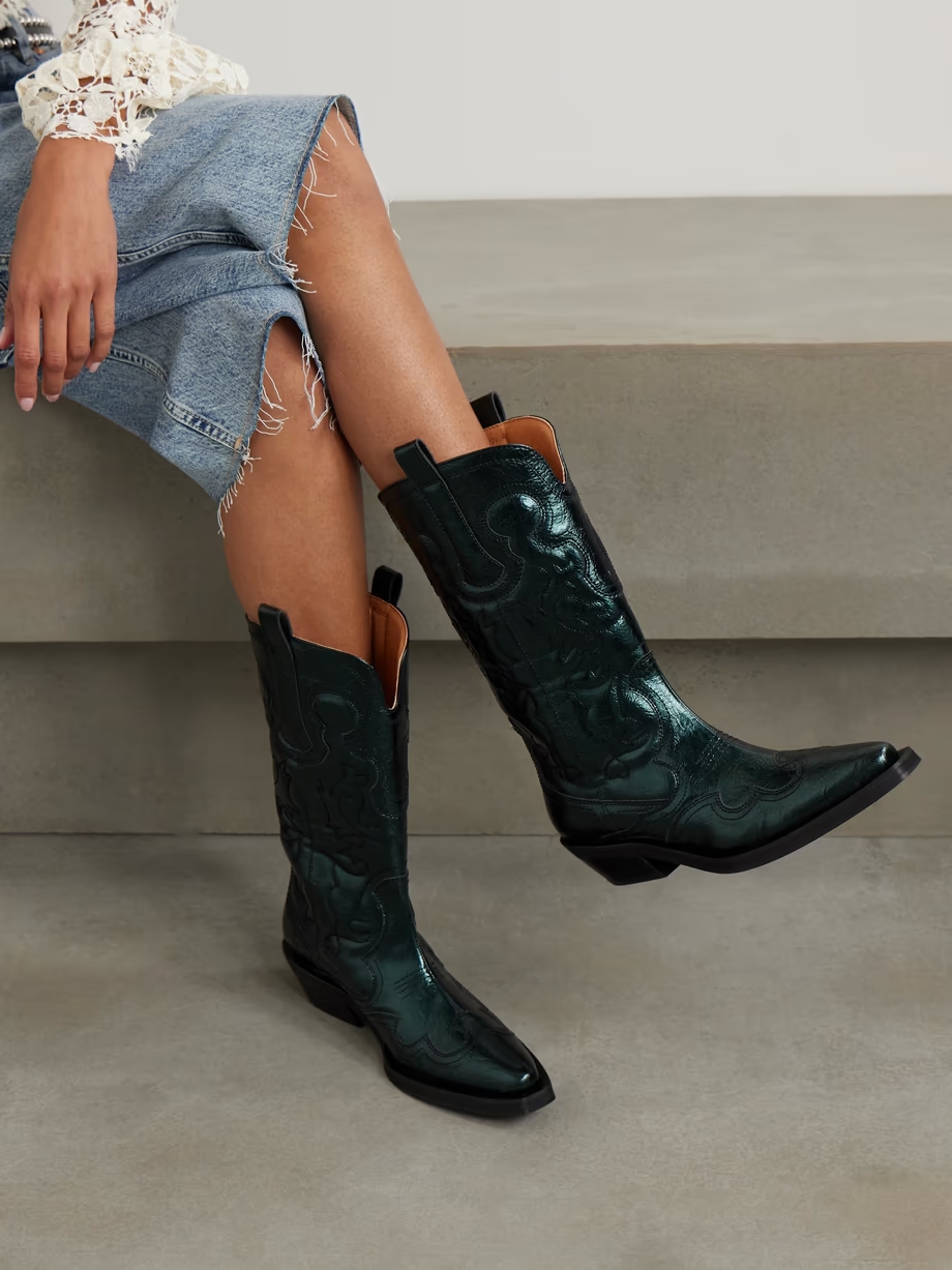 Embroidered metallic recycled faux leather cowboy boots