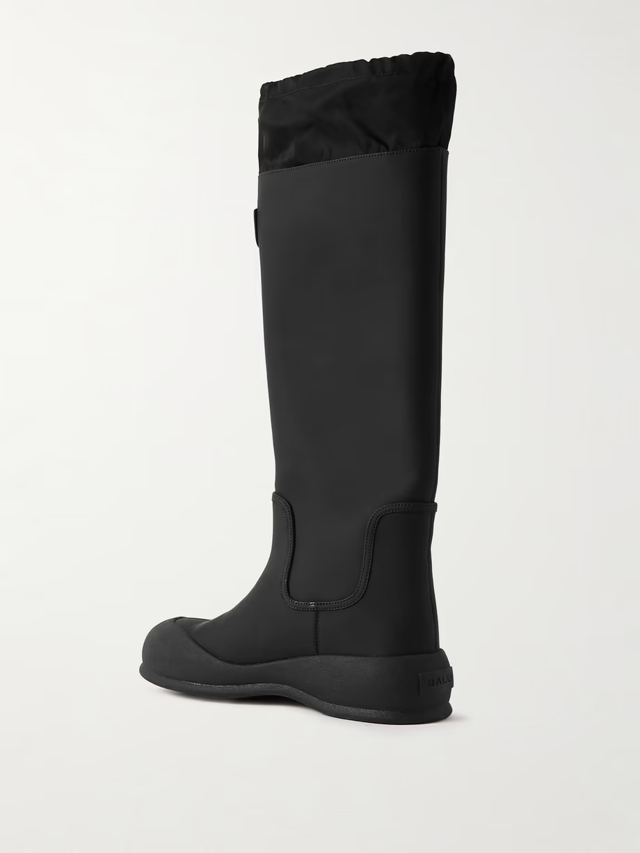 Clover twill-trimmed coated-leather knee boots