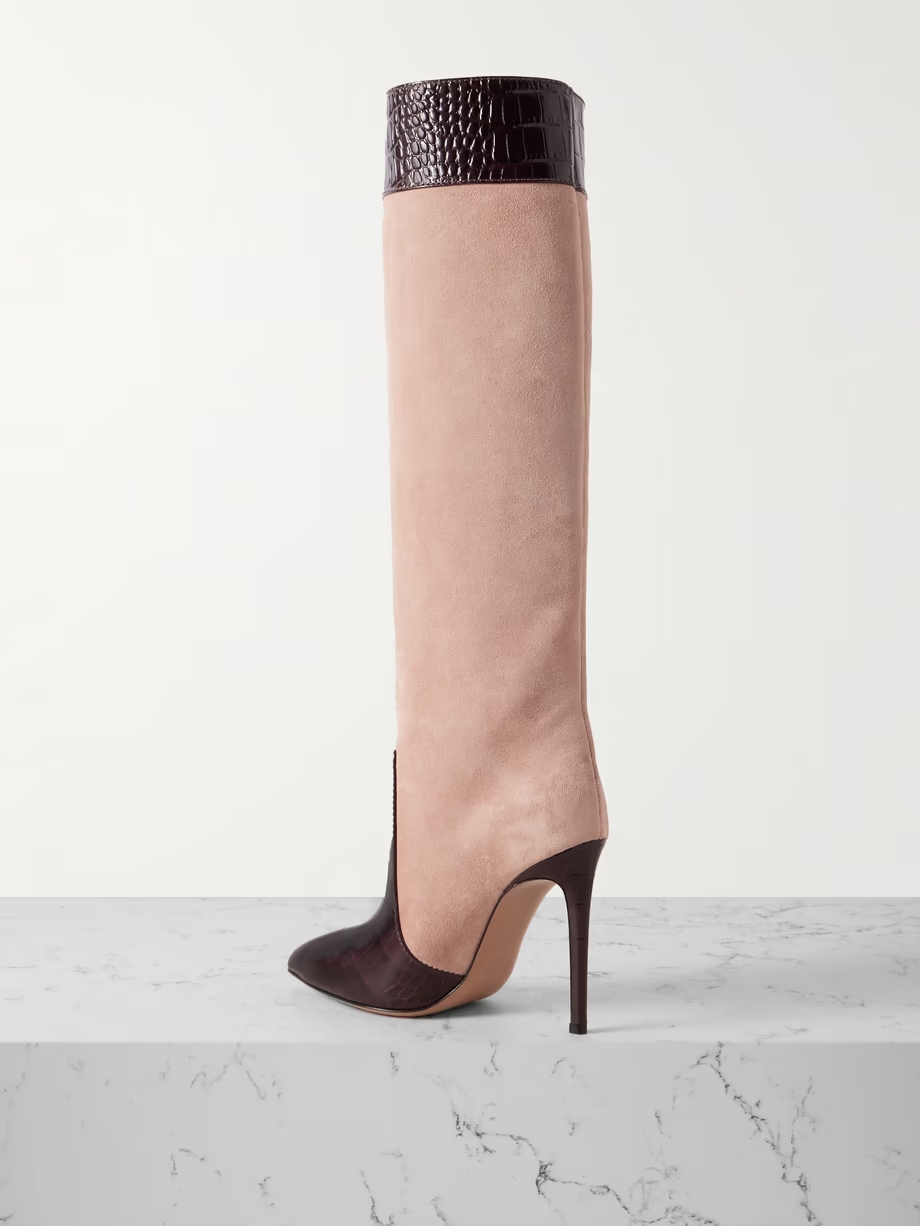 Croc-effect leather-trimmed suede knee-high boots