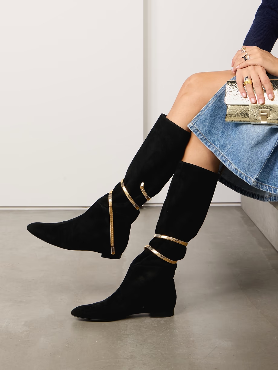 Embellished suede knee boots