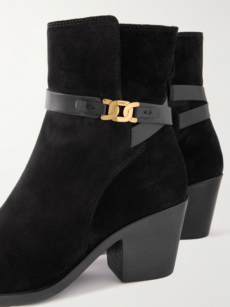 Embellished leather-trimmed suede ankle boots