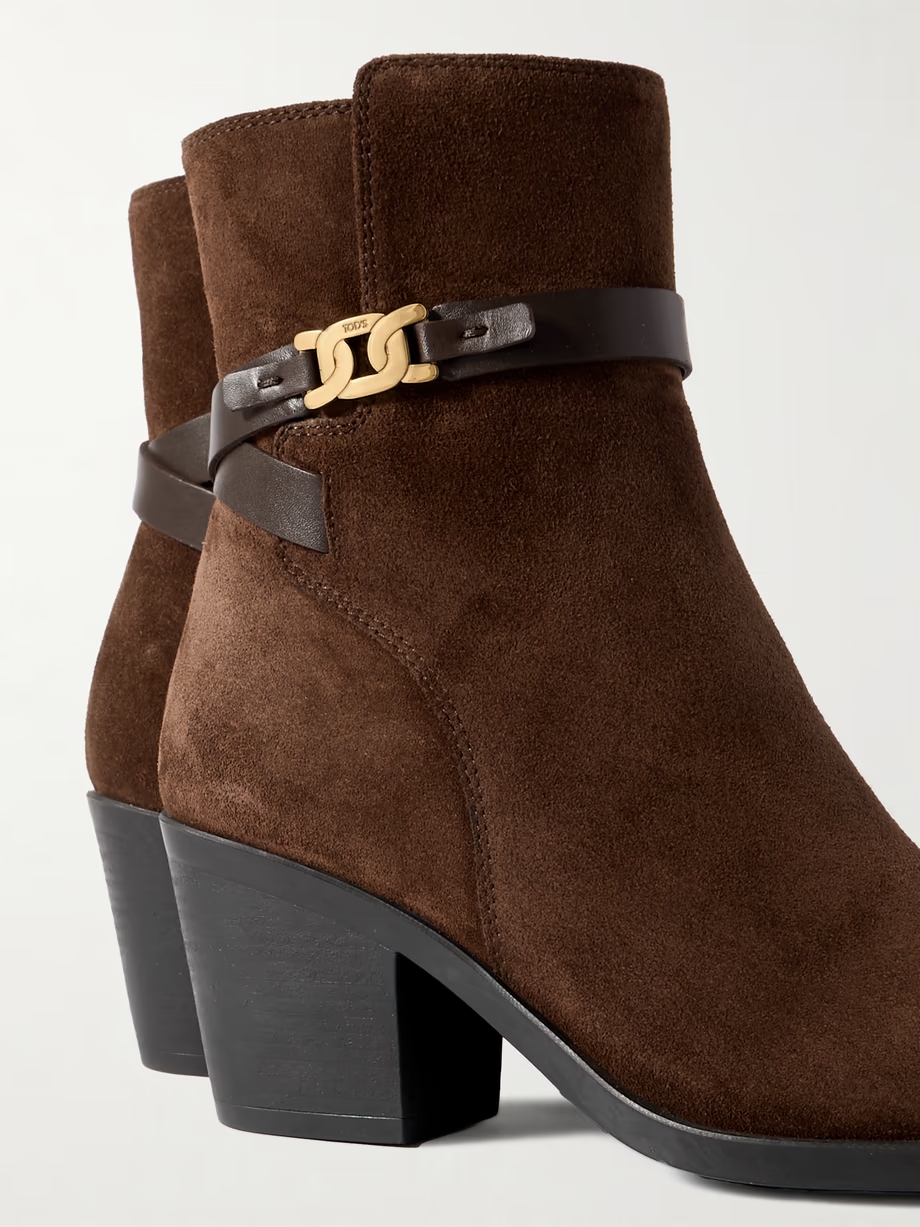 Embellished leather-trimmed suede ankle boots