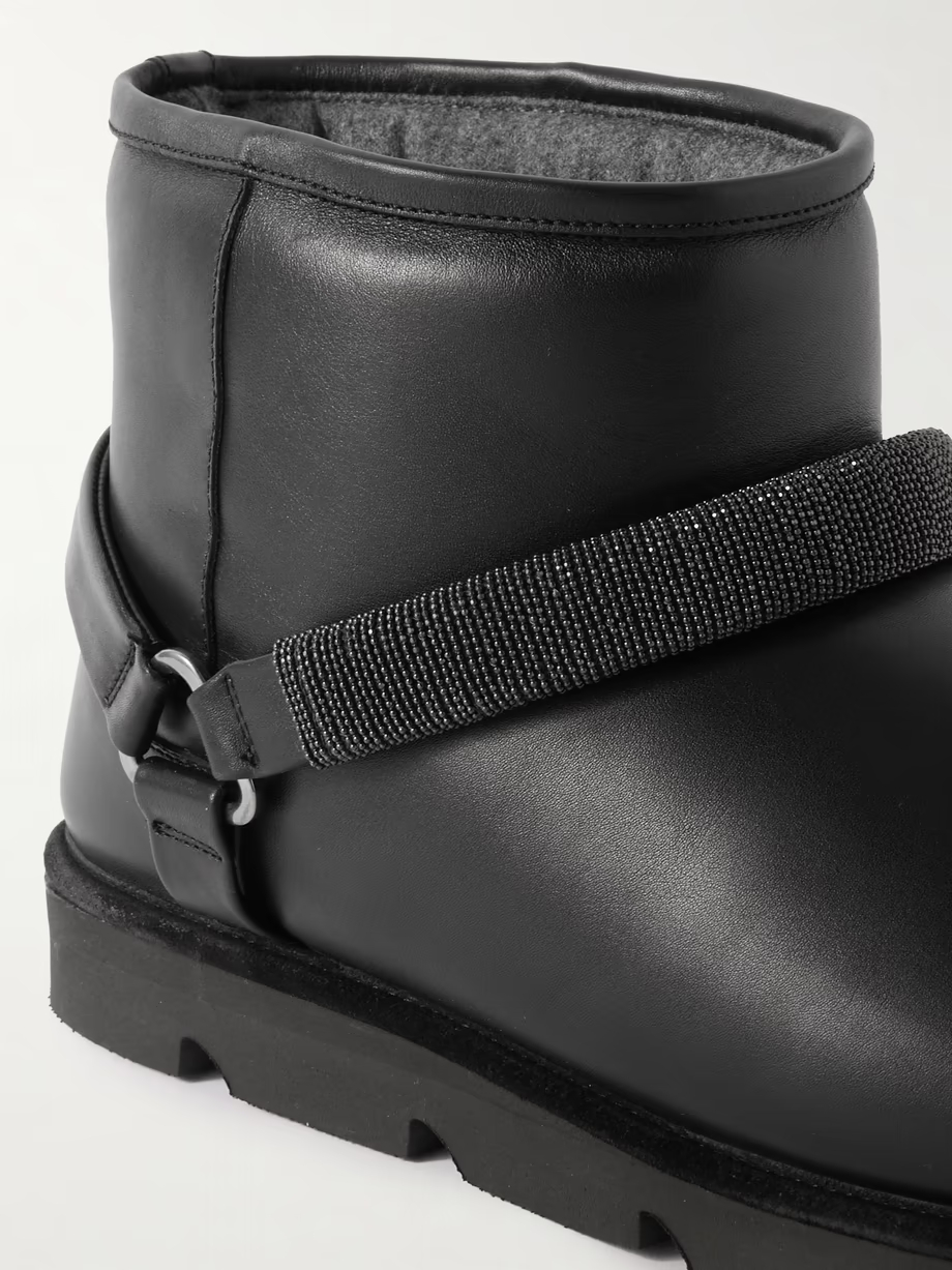 Bead-embellished shearling-lined padded leather ankle boots