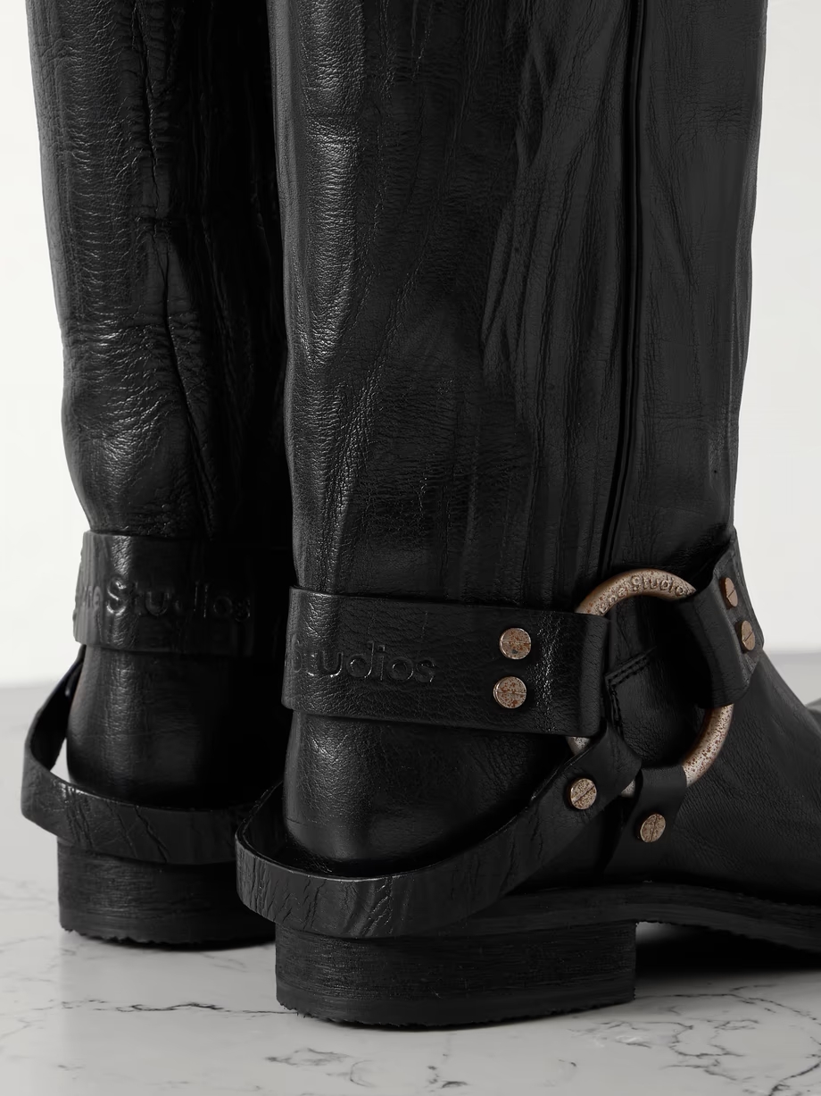 Embellished crinkled-leather knee boots