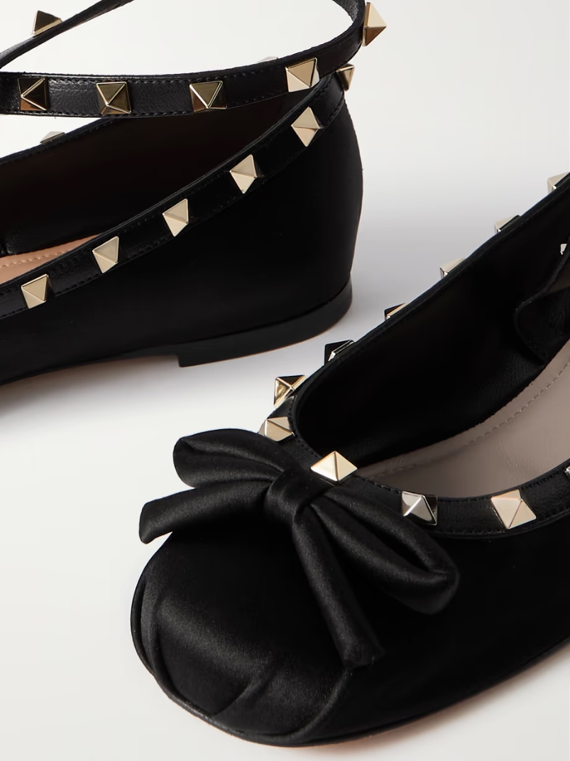 Rockstud leather-trimmed satin ballet flats