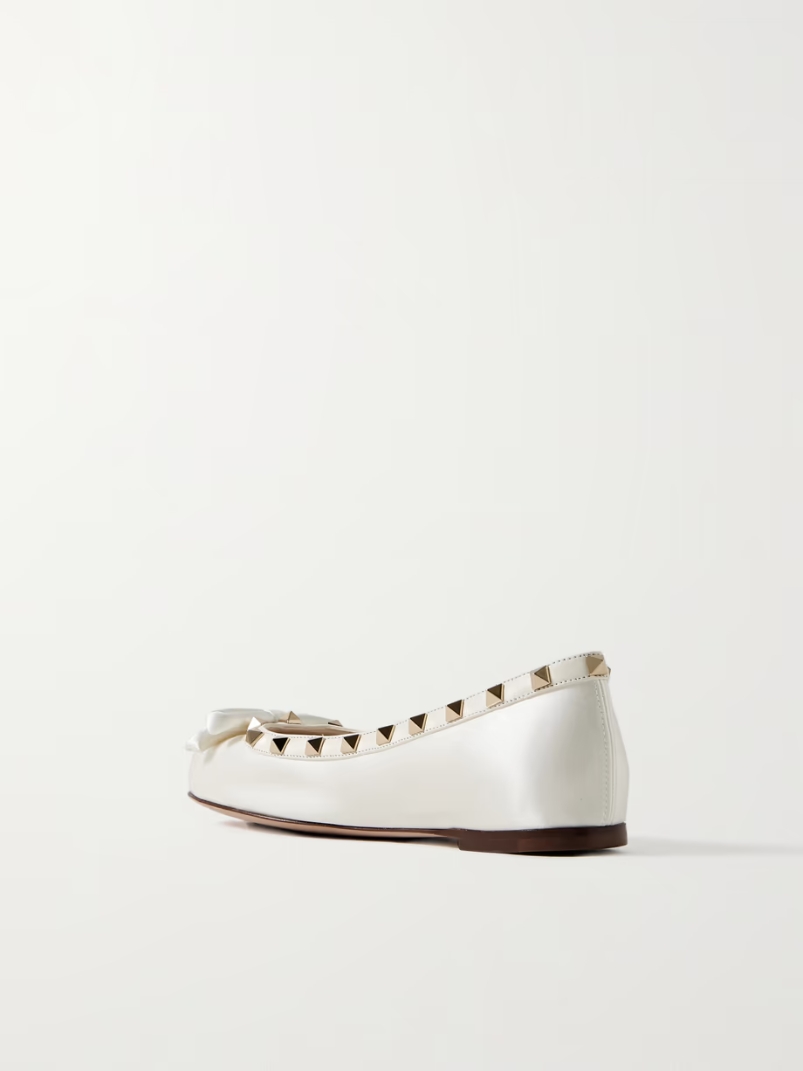 Rockstud leather-trimmed bow-embellished satin ballet flats