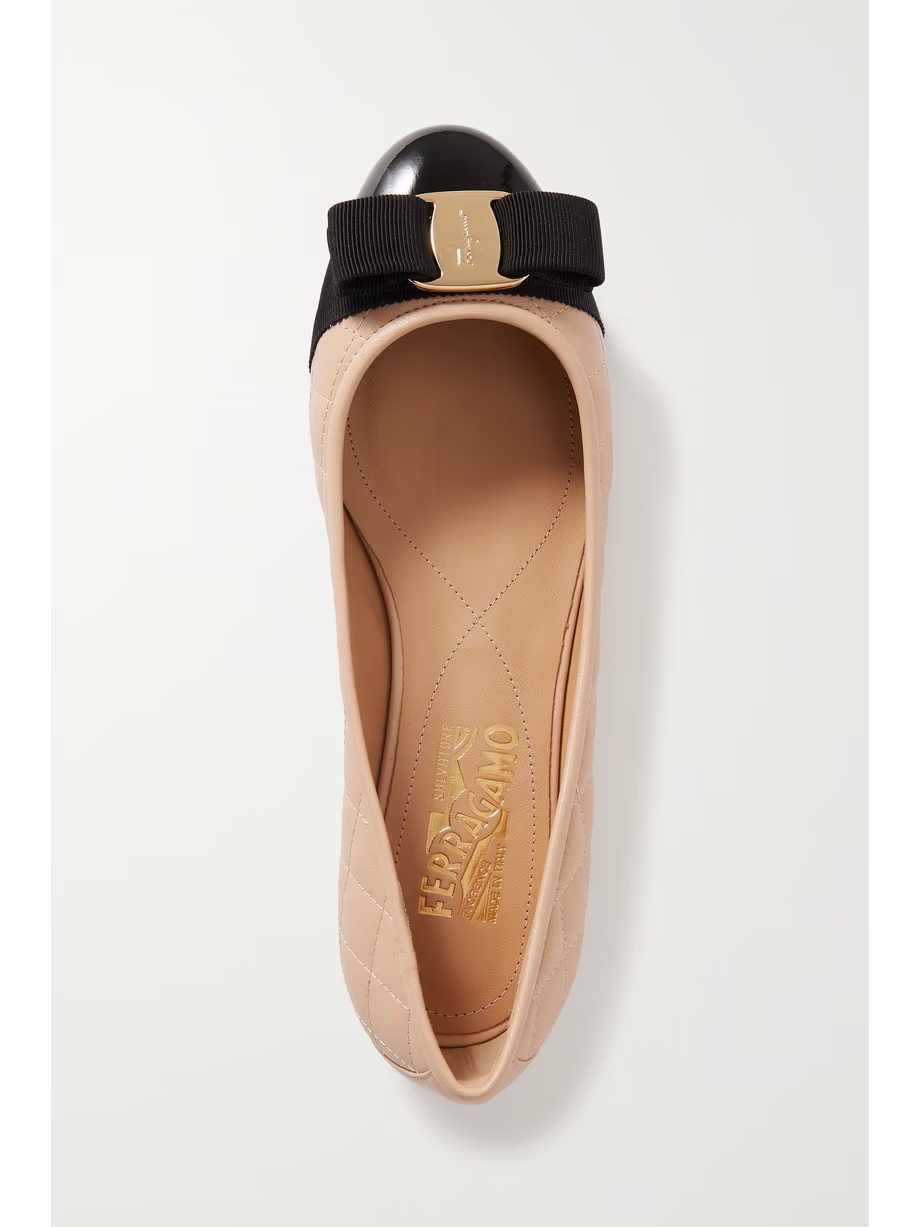 Varina bow-embellished quilted smooth and patent-leather ballet flats