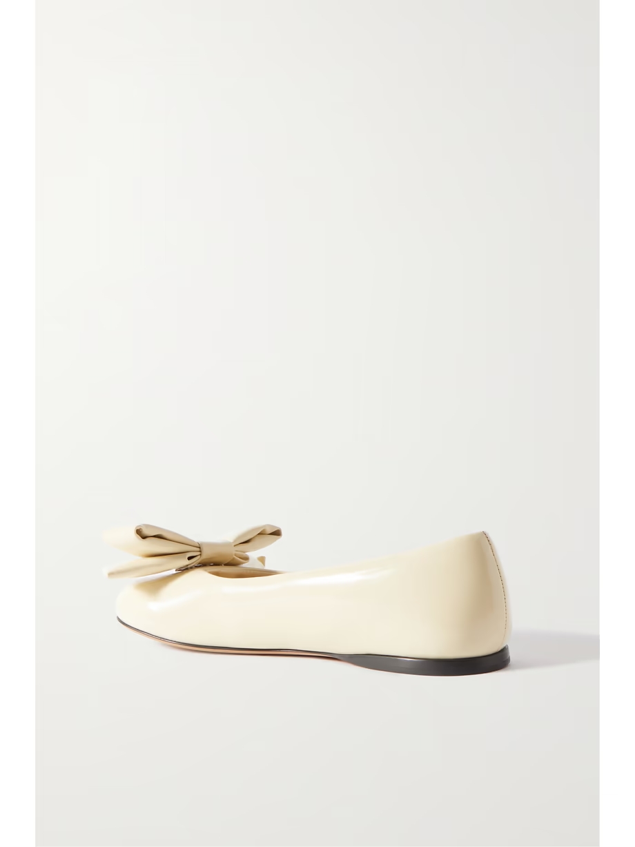 Puffy bow-detailed padded glossed-leather ballet flats