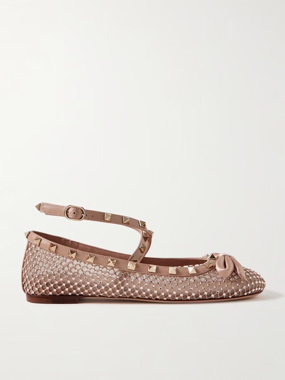 Rockstud leather and satin-trimmed crystal-embellished tulle ballet flats