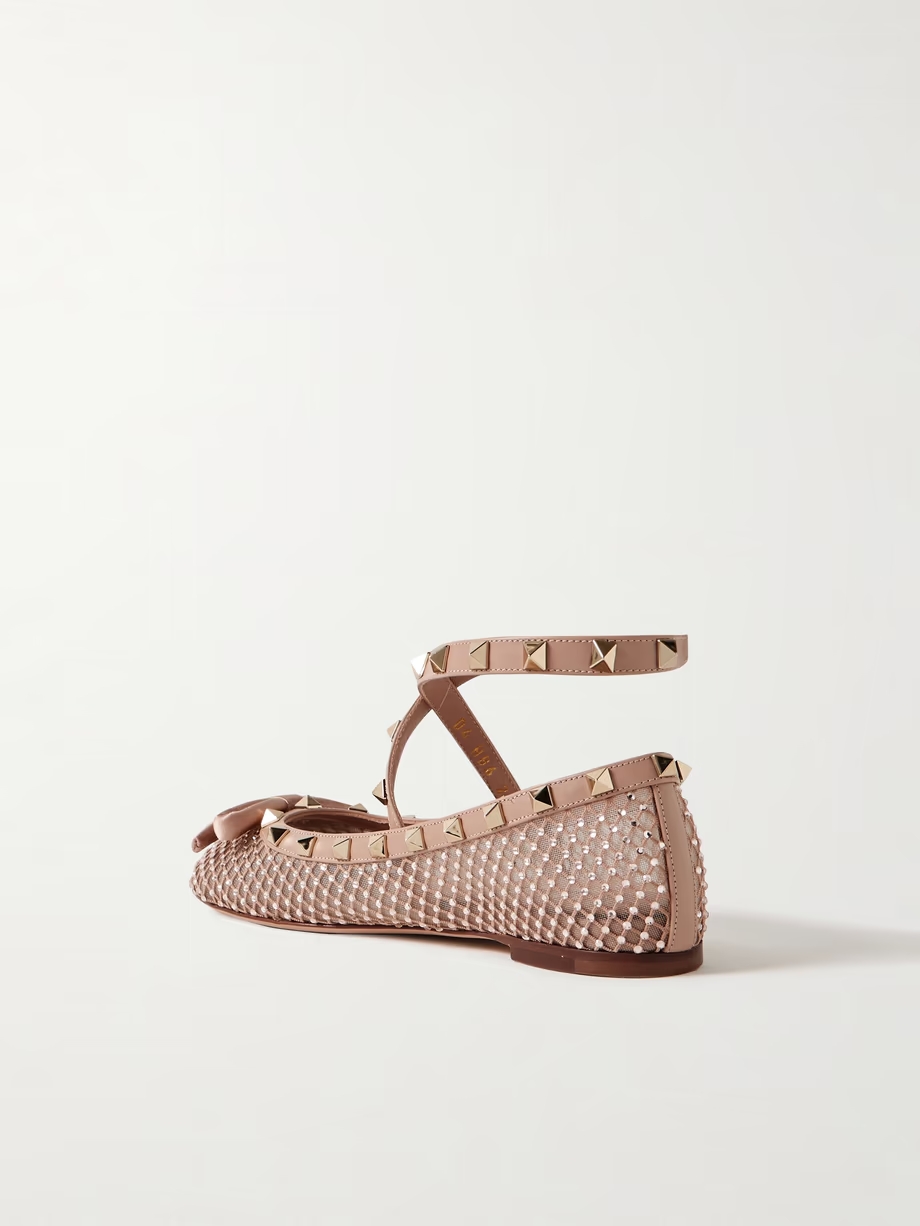 Rockstud leather and satin-trimmed crystal-embellished tulle ballet flats