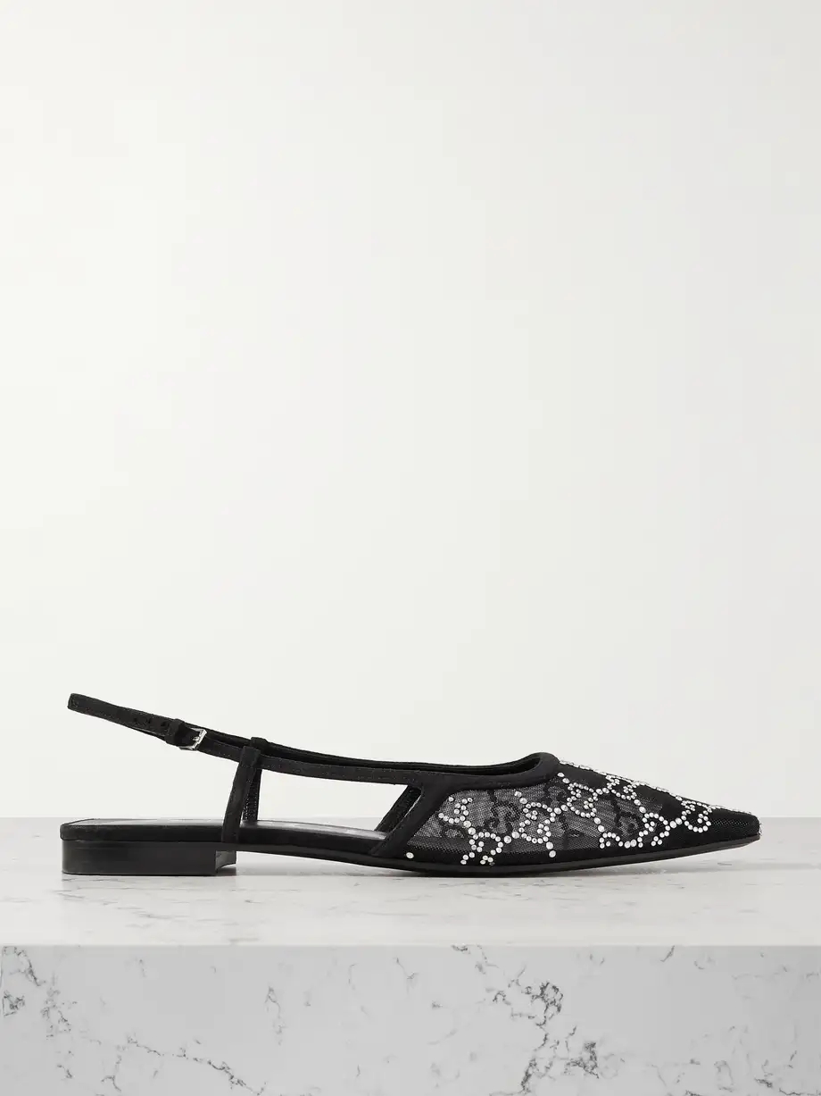 Demi suede-trimmed crystal-embellished mesh ballet flats