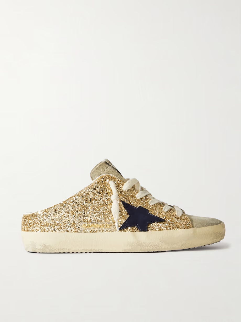 Super-Star Sabot distressed leather-trimmed glittered suede slip-on sneakers