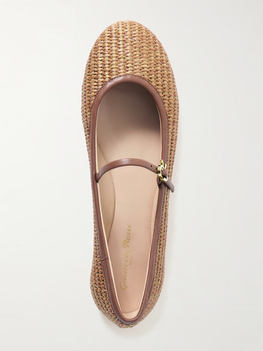 Carla leather-trimmed raffia Mary Jane ballet flats