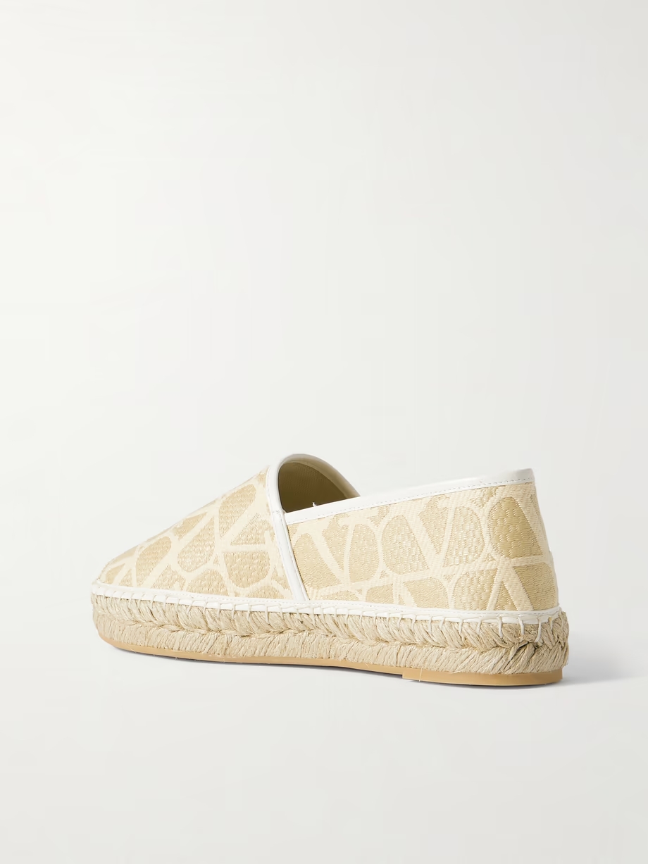 Leather-trimmed jacquard-woven raffia espadrilles