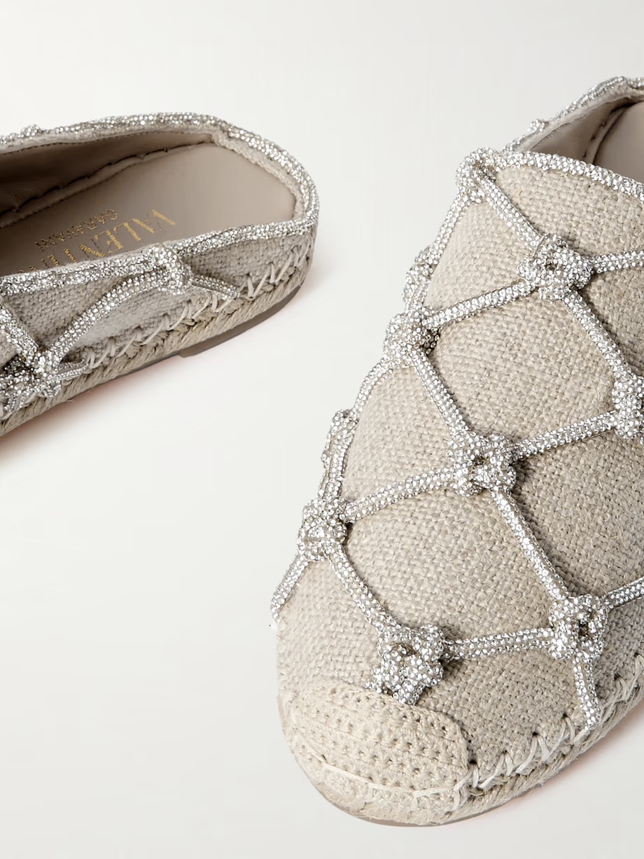 Crystal-embellished linen espadrille mules