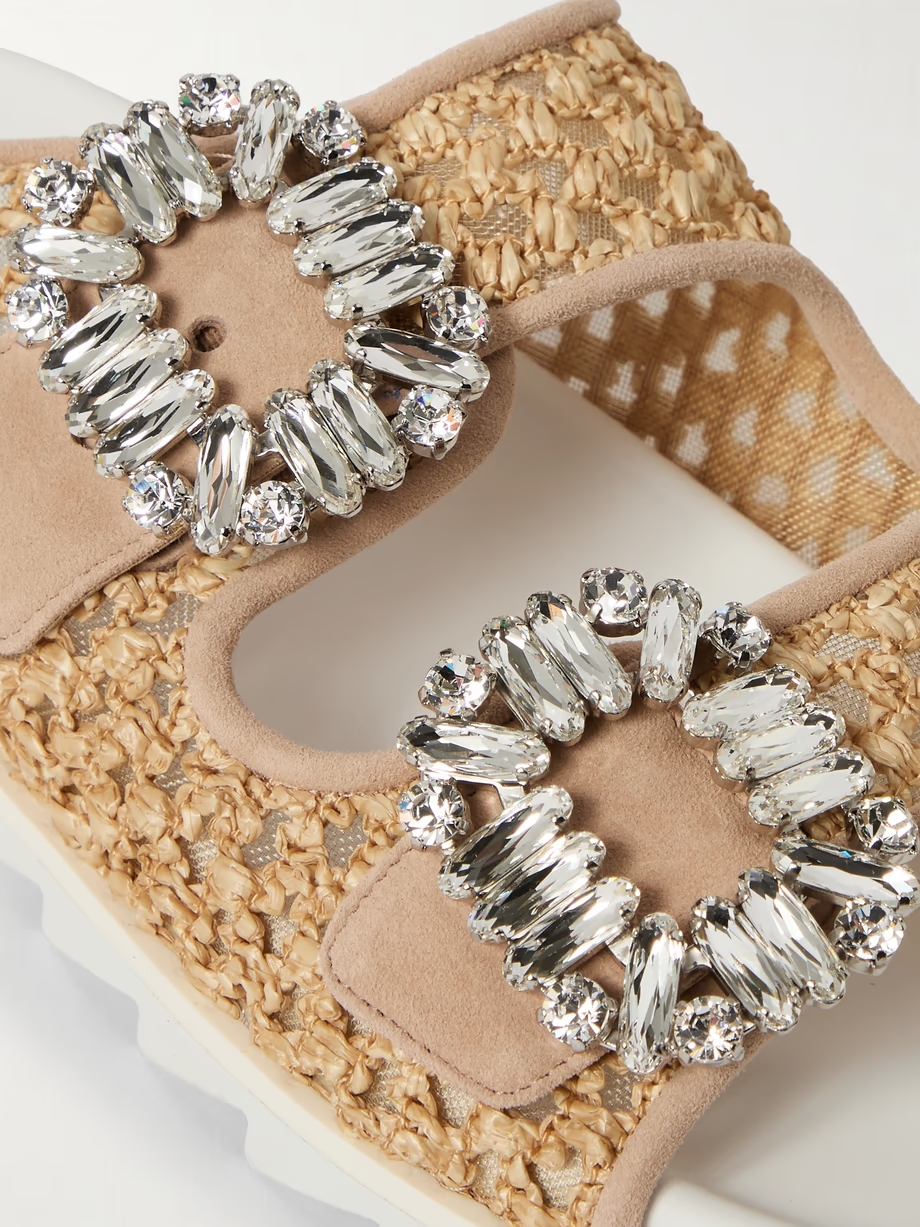 Slidy Viv crystal-embellished suede-trimmed raffia slides