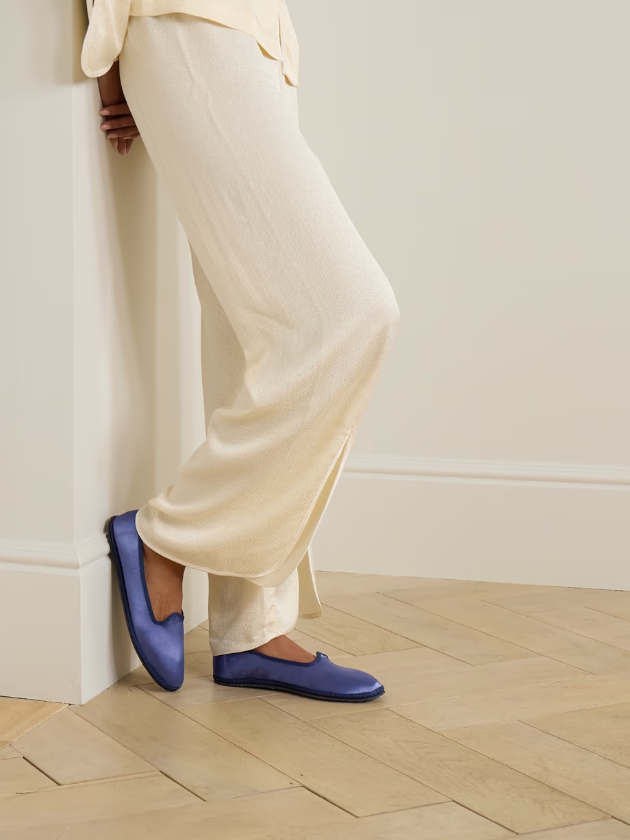 Mirtillo grosgrain-trimmed satin slippers