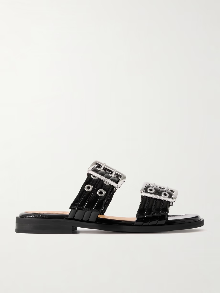 Buckled eyelet-embellished recycled faux patent-leather sandals