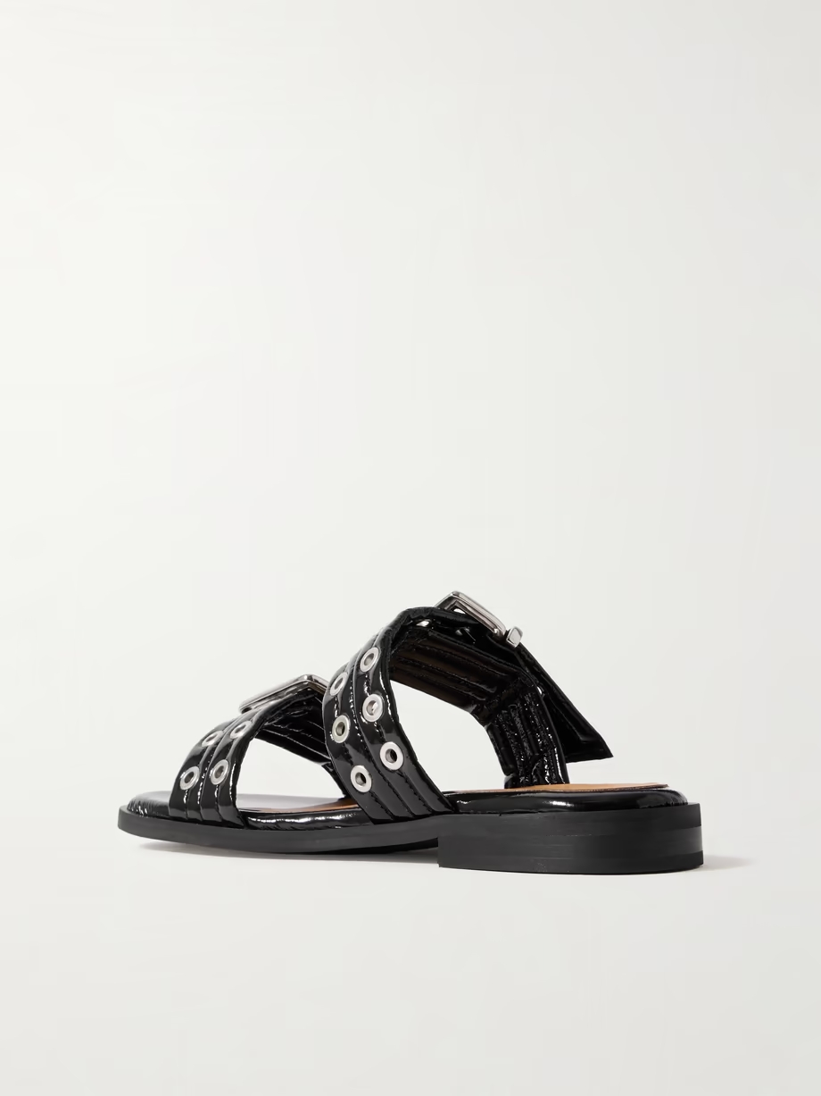 Buckled eyelet-embellished recycled faux patent-leather sandals