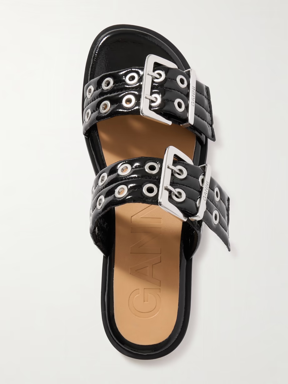 Buckled eyelet-embellished recycled faux patent-leather sandals