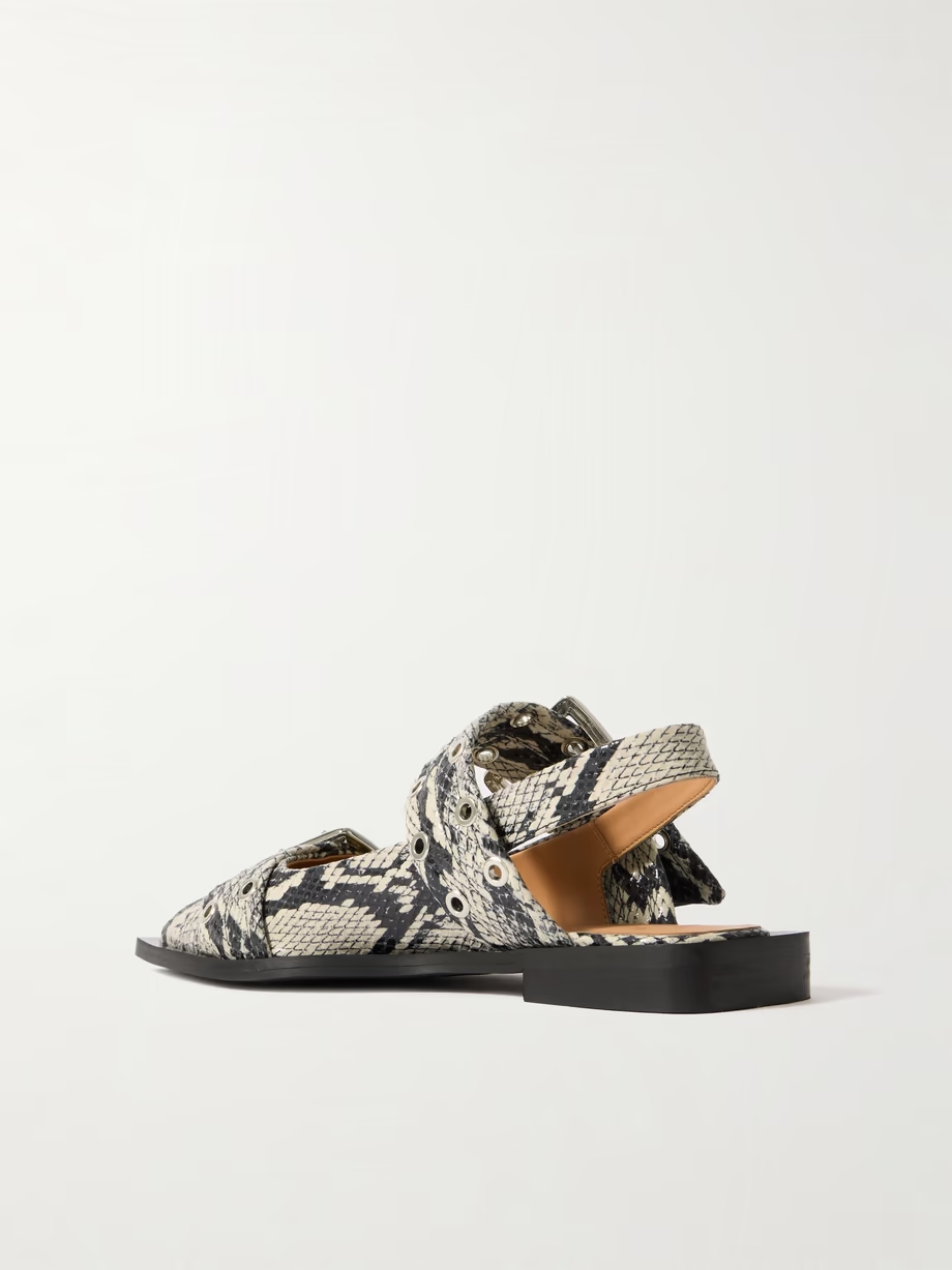 Buckled eyelet-embellished snake-effect recycled faux patent-leather ballet flats