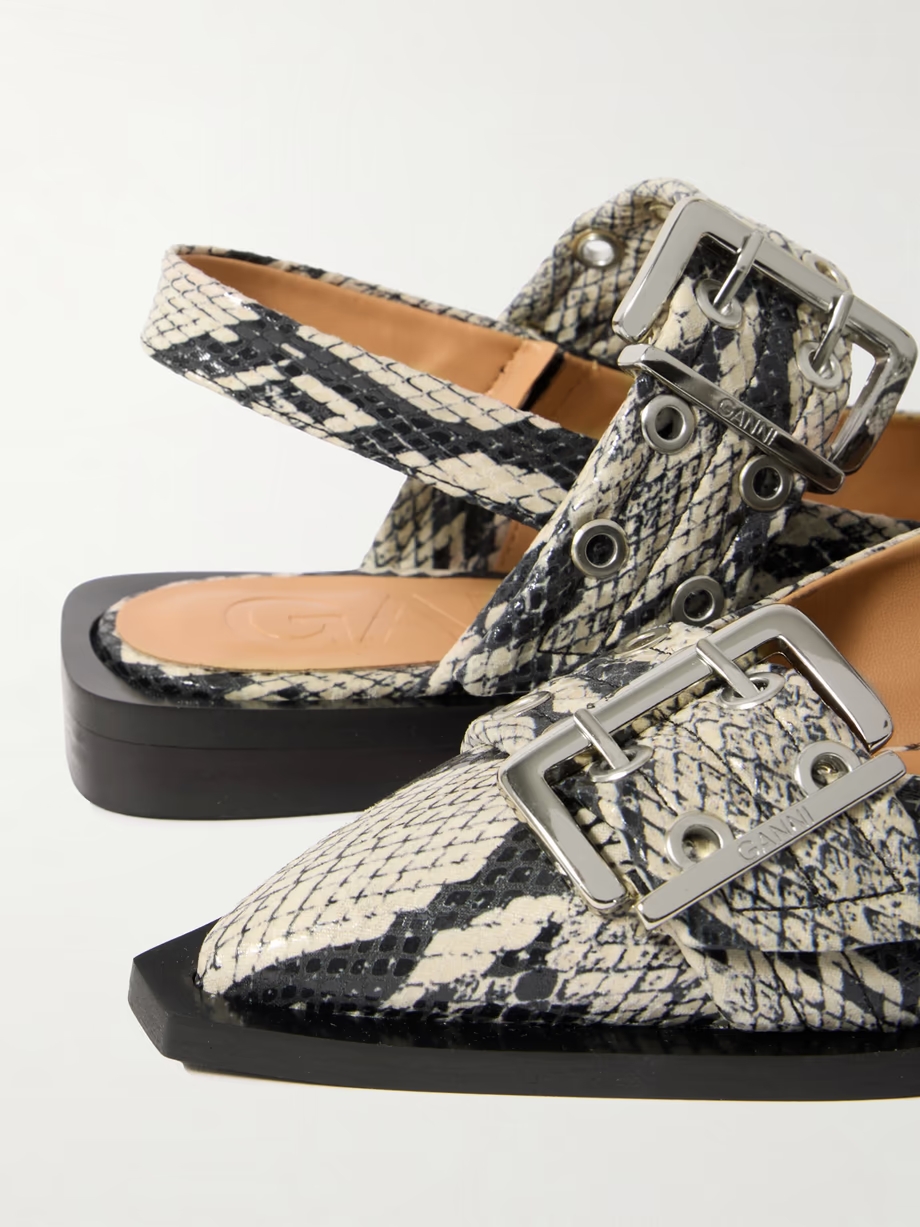 Buckled eyelet-embellished snake-effect recycled faux patent-leather ballet flats