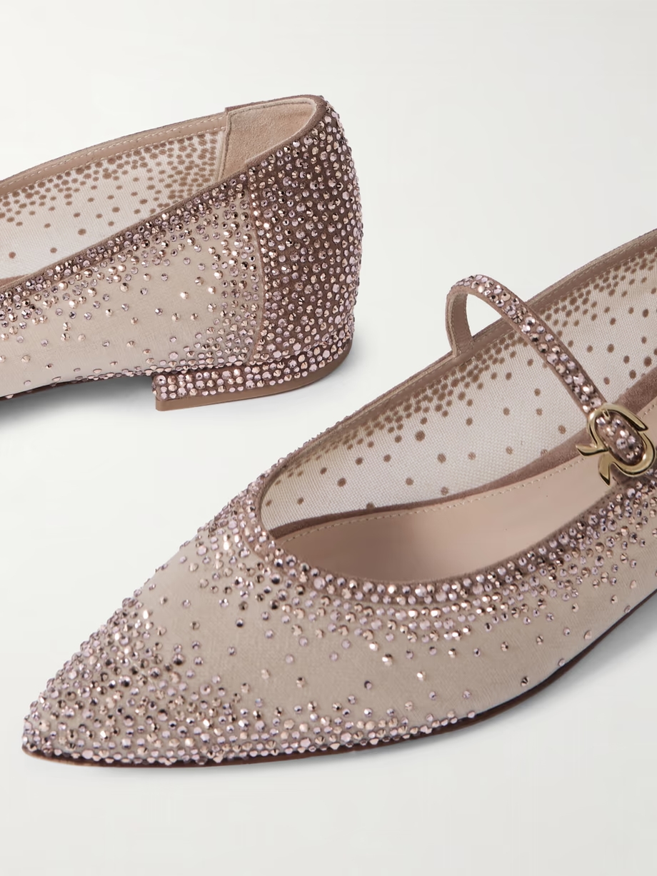 Crystal-embellished suede-trimmed organza ballet flats