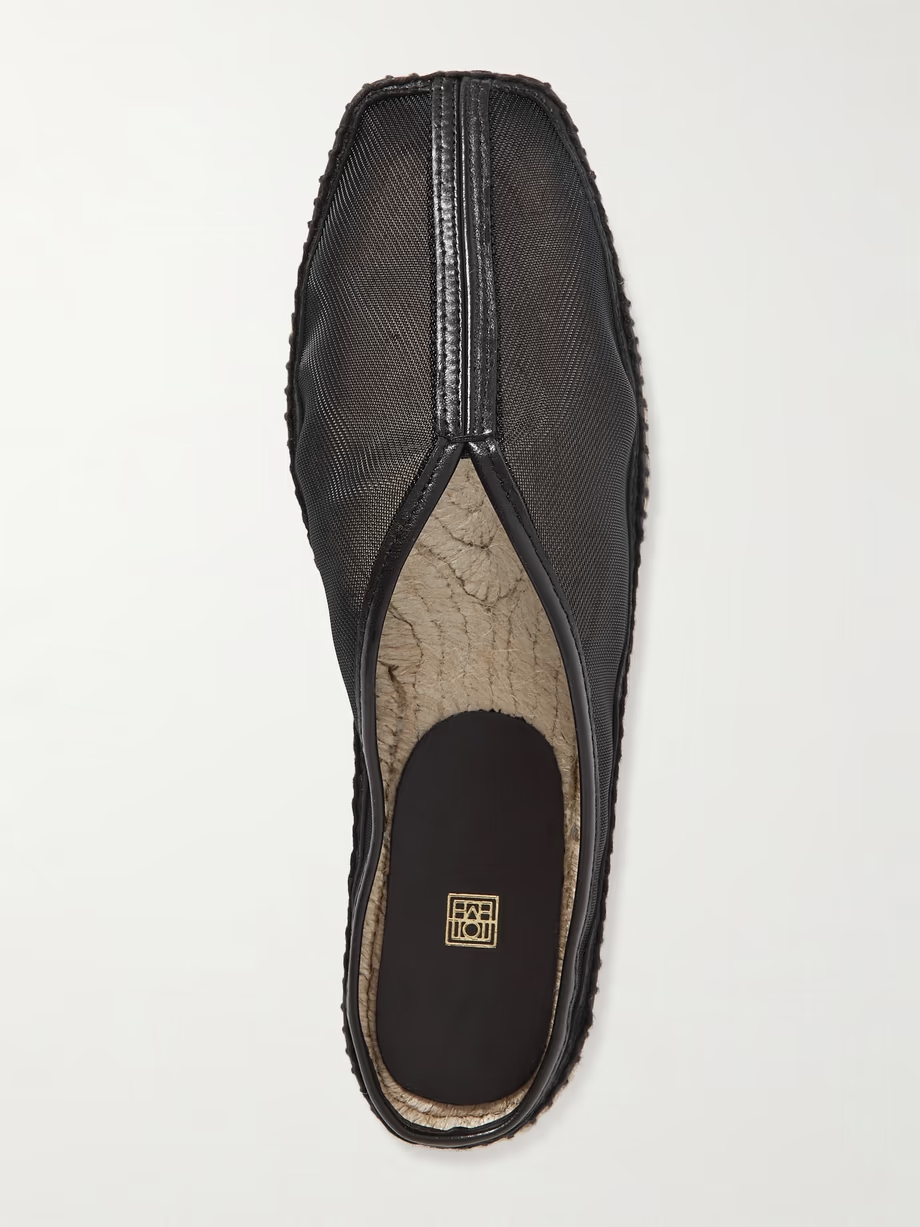 Leather-trimmed mesh espadrille mules